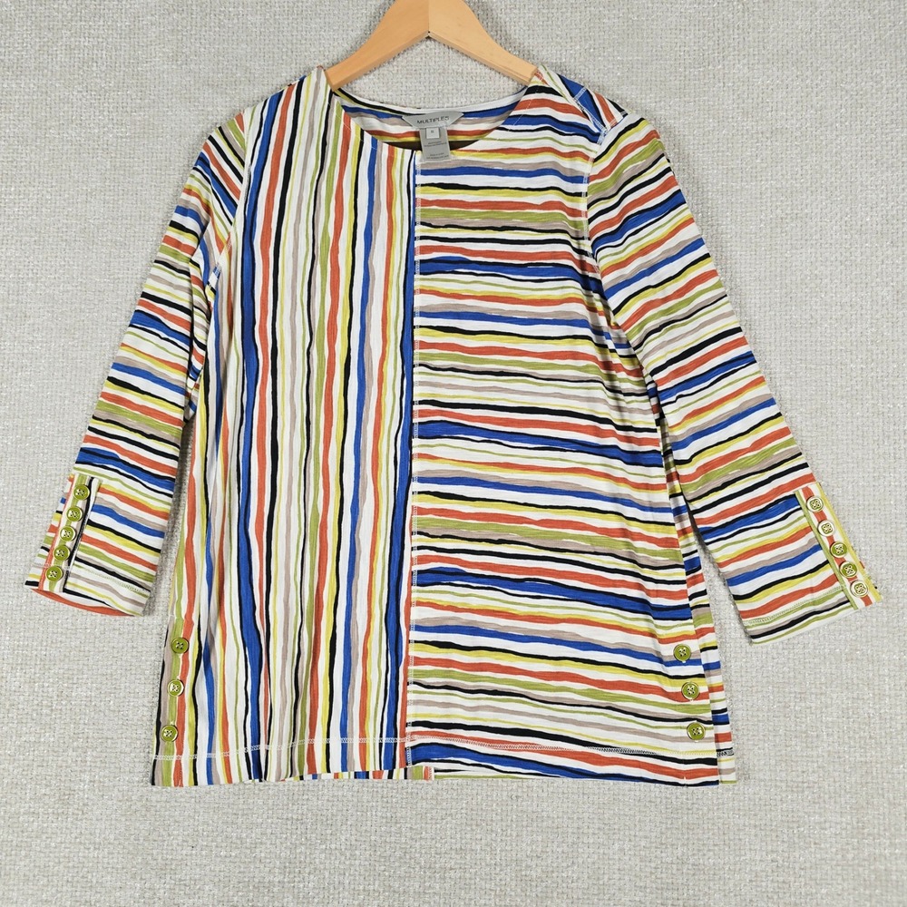 Multiples Womens Multi Color Mixed Stripe 3/4 Sleeve Button Detail Top‎ Small